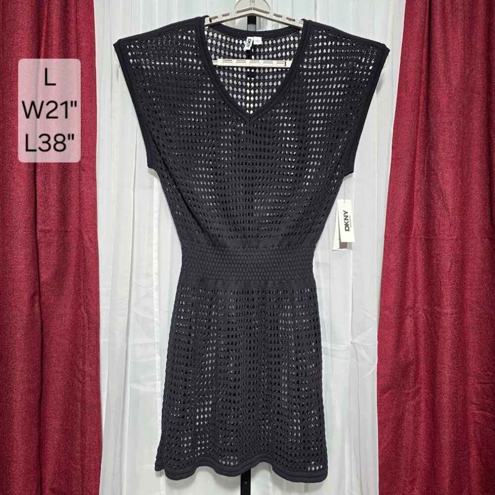 DKNY Beachwear Cover Up Dress Large Black Crochet Knit V-Neck Swim Resort NWT